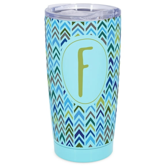 Elanze Designs F Monogram Herringbone Arrows Wrap-Around Design 20 Ounce Stainless Steel On-The-Go Coffee Mug, Thermal Travel Tumbler with Leak Resistant Slide Lid, Sky Blue