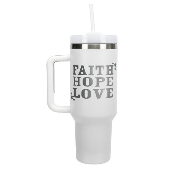 Elanze Designs Faith Hope Love Stars 40 oz. Stainless Steel, Large Water Bottle Coffee Mug, Spill & Leak Resistant, Thermal Travel Tumbler with Handle, Lid & Straw, White
