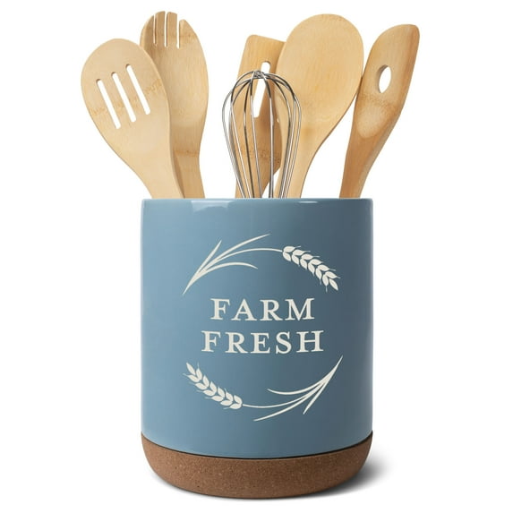 Elanze Designs Farm Fresh Country Kitchen Ceramic Cork Bottom Sky Blue Large Capacity Utensil Holder Crock for Countertop Storage, Stylish & Durable for Cooking Tools