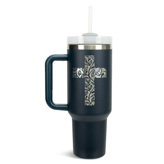 Elanze Designs Floral Vine Cross Walk in Faith 40 oz. Stainless Steel, Large Water Bottle Coffee Mug, Spill & Leak Resistant, Thermal Travel Tumbler with Handle, Lid & Straw, Navy Blue