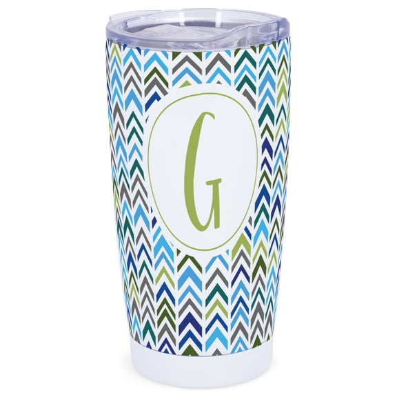 Elanze Designs G Monogram Herringbone Arrows Wrap-Around Design 20 Ounce Stainless Steel On-The-Go Coffee Mug, Thermal Travel Tumbler with Leak Resistant Slide Lid, Crisp White