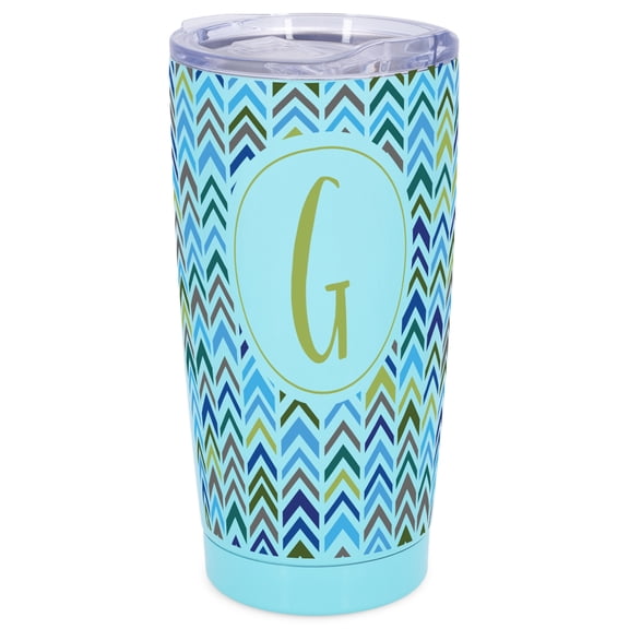 Elanze Designs G Monogram Herringbone Arrows Wrap-Around Design 20 Ounce Stainless Steel On-The-Go Coffee Mug, Thermal Travel Tumbler with Leak Resistant Slide Lid, Sky Blue