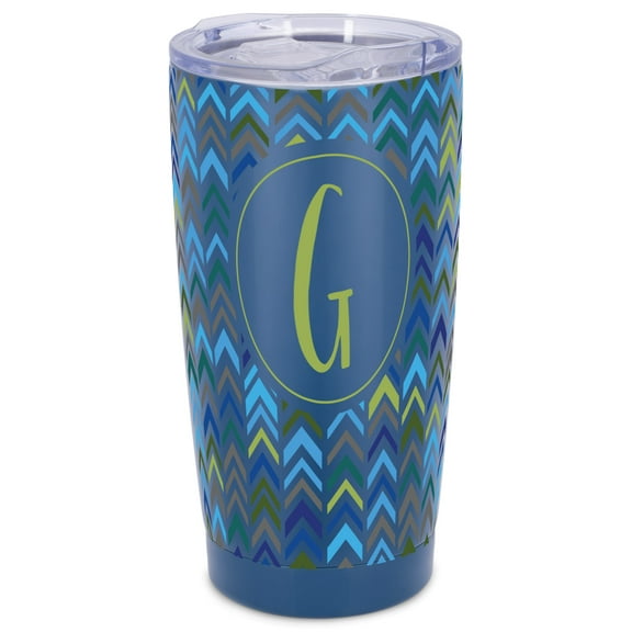Elanze Designs G Monogram Herringbone Arrows Wrap-Around Design 20 Ounce Stainless Steel On-The-Go Coffee Mug, Thermal Travel Tumbler with Leak Resistant Slide Lid, Navy Blue