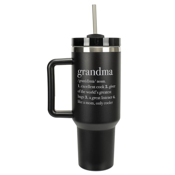 Elanze Designs Grandma Definition Like Mom Only Cooler 40 oz. Stainless Steel, Large Water Bottle Coffee Mug, Spill & Leak Resistant, Thermal Travel Tumbler with Handle, Lid & Straw, Black