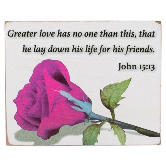 Elanze Designs Greater Love Than This Pink Rose 3 x 4 White Wood Tabletop Block Sign