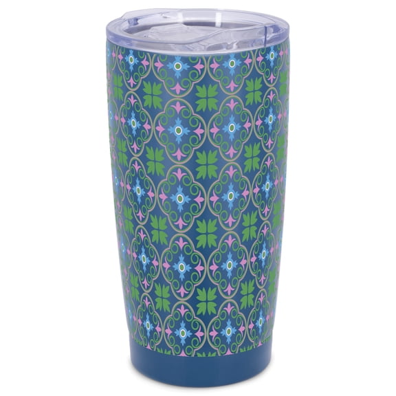 Elanze Designs Green & Pink Moroccan Tile Motif Wrap-Around Design 20 Ounce Stainless Steel On-The-Go Coffee Mug, Thermal Travel Tumbler with Leak Resistant Slide Lid, Navy Blue