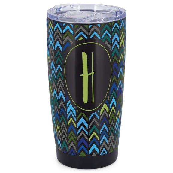 Elanze Designs H Monogram Herringbone Arrows Wrap-Around Design 20 Ounce Stainless Steel On-The-Go Coffee Mug, Thermal Travel Tumbler with Leak Resistant Slide Lid, Sleek Black