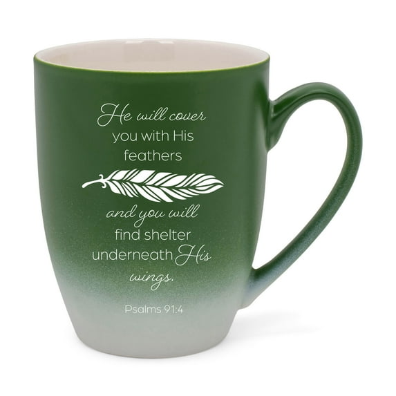 Elanze Designs He Will Cover You With His Feathers And You Will Find Shelter Underneath His Wings Two Toned Ombre Matte Green and White 12 ounce Ceramic Stoneware Coffee Cup Mug