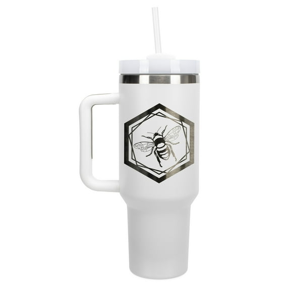 Elanze Designs Hexagon Honey Queen Bumble Bee 40 oz. Stainless Steel, Large Water Bottle Coffee Mug, Spill & Leak Resistant, Thermal Travel Tumbler with Handle, Lid & Straw, White