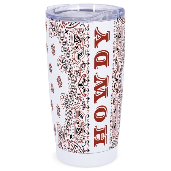 Elanze Designs Howdy Paisley Bandana Country Cowboy Wrap-Around Design 20 Ounce Stainless Steel On-The-Go Coffee Mug, Thermal Travel Tumbler with Leak Resistant Slide Lid, Crisp White