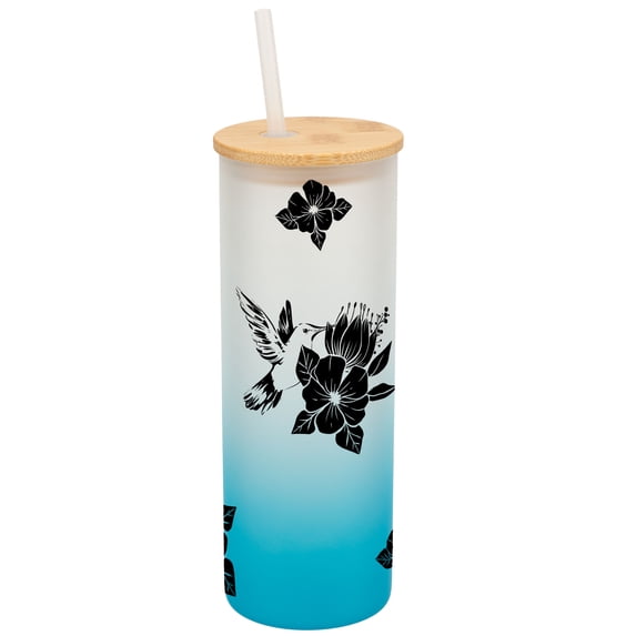 Elanze Designs Hummingbird Summer Flower Garden Wrap-Around Design 25 Ounce Frosted Gradient Glass On-The-Go Coffee Travel Skinny Tumbler Mug Cup, Bamboo Lid and Drinking Straw, Sky Blue