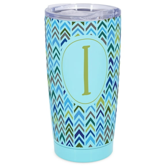 Elanze Designs I Monogram Herringbone Arrows Wrap-Around Design 20 Ounce Stainless Steel On-The-Go Coffee Mug, Thermal Travel Tumbler with Leak Resistant Slide Lid, Sky Blue