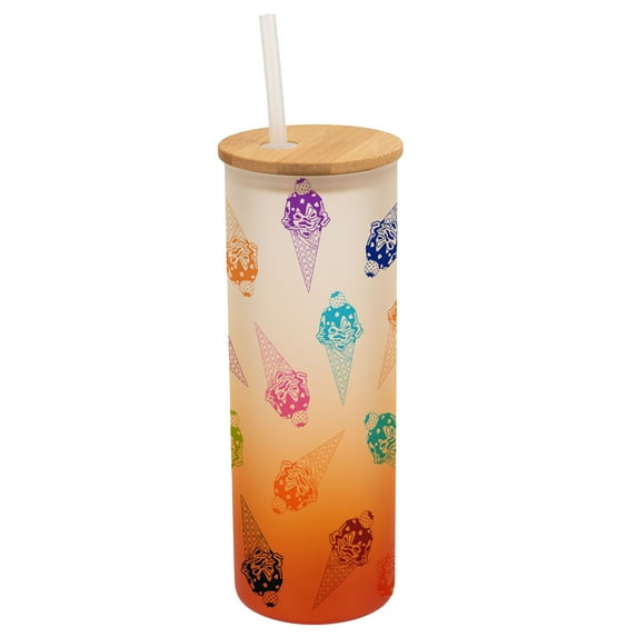 Elanze Designs Ice Cream Cone Treats Rainbow Wrap-Around Design 25 Ounce Frosted Gradient Glass On-The-Go Coffee Travel Skinny Tumbler Mug Cup, Bamboo Lid and Drinking Straw, Tangerine Orange
