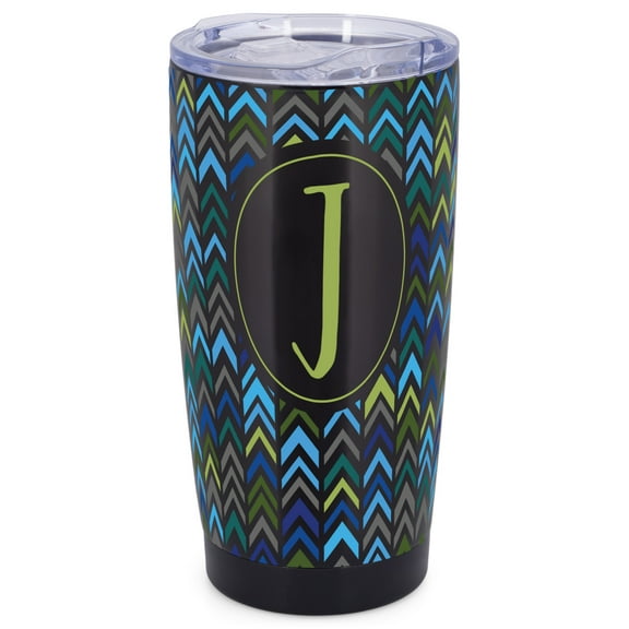 Elanze Designs J Monogram Herringbone Arrows Wrap-Around Design 20 Ounce Stainless Steel On-The-Go Coffee Mug, Thermal Travel Tumbler with Leak Resistant Slide Lid, Sleek Black