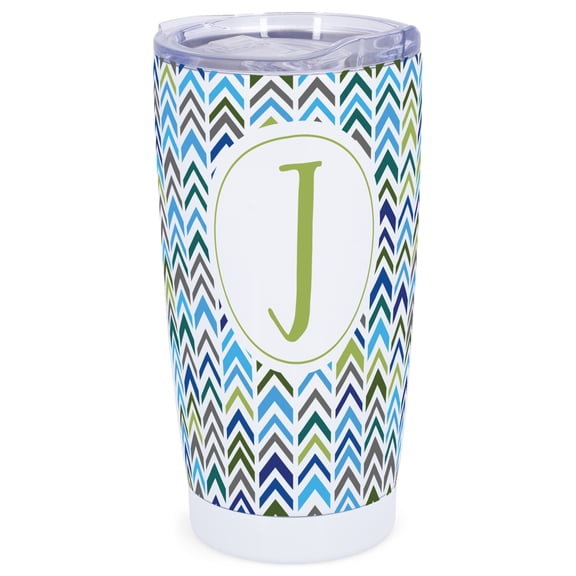 Elanze Designs J Monogram Herringbone Arrows Wrap-Around Design 20 Ounce Stainless Steel On-The-Go Coffee Mug, Thermal Travel Tumbler with Leak Resistant Slide Lid, Crisp White