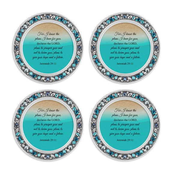 Elanze Designs Jeweled Rim For I Know The Plans I Have For You Blue 4.5 x 4.5 Acrylic Coaster, Set of 4