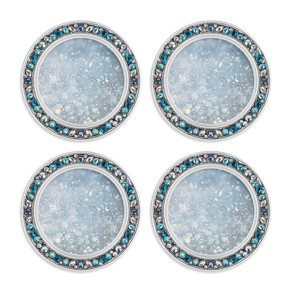 Elanze Designs Jeweled Rim Sparkling Glittering Silver and Blue 4.5 x 4.5 Acrylic Coaster, Set of 4