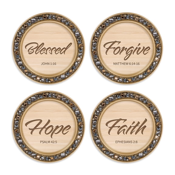 Elanze Designs Jeweled Rim Wood Design Blessed Forgive Faith Hope Gold 4.5 x 4.5 Acrylic Coaster, Set of 4