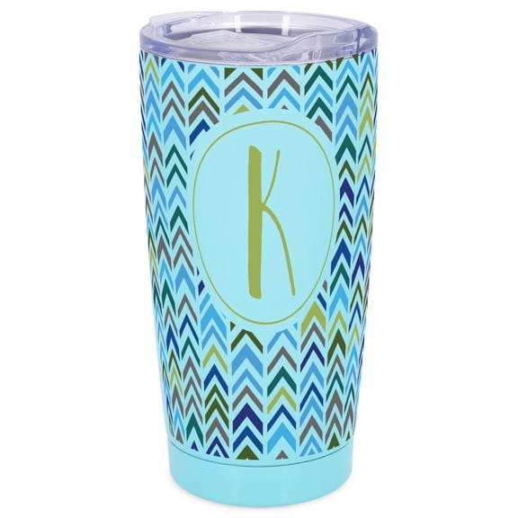 Elanze Designs K Monogram Herringbone Arrows Wrap-Around Design 20 Ounce Stainless Steel On-The-Go Coffee Mug, Thermal Travel Tumbler with Leak Resistant Slide Lid, Sky Blue
