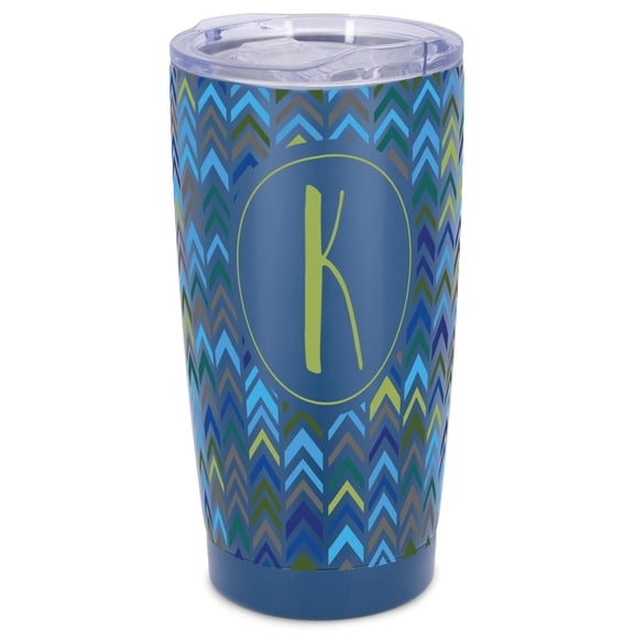 Elanze Designs K Monogram Herringbone Arrows Wrap-Around Design 20 Ounce Stainless Steel On-The-Go Coffee Mug, Thermal Travel Tumbler with Leak Resistant Slide Lid, Navy Blue