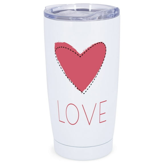 Elanze Designs Love Stitched Up Heart Wrap-Around Design 20 Ounce Stainless Steel On-The-Go Coffee Mug, Thermal Travel Tumbler with Leak Resistant Slide Lid, Crisp White