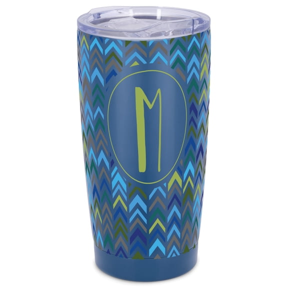 Elanze Designs M Monogram Herringbone Arrows Wrap-Around Design 20 Ounce Stainless Steel On-The-Go Coffee Mug, Thermal Travel Tumbler with Leak Resistant Slide Lid, Navy Blue