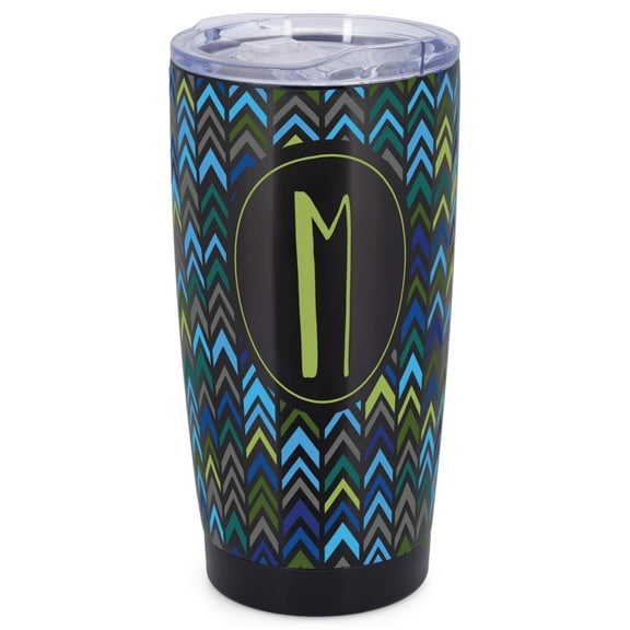 Elanze Designs M Monogram Herringbone Arrows Wrap-Around Design 20 Ounce Stainless Steel On-The-Go Coffee Mug, Thermal Travel Tumbler with Leak Resistant Slide Lid, Sleek Black