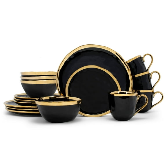 Elanze Designs Metallic Bubble Ceramic Dinnerware 16 Piece Set - Service for 4, Black Gold