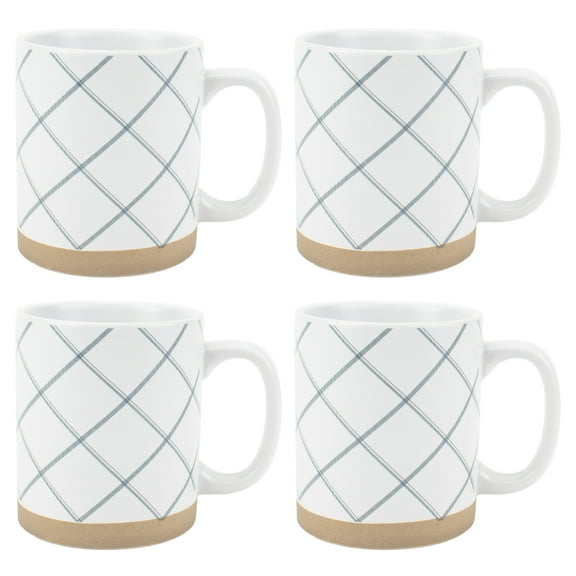 Elanze Designs Modern Plaid Raw Clay Bottom White 13 ounce Ceramic Coffee Mugs Set of 4