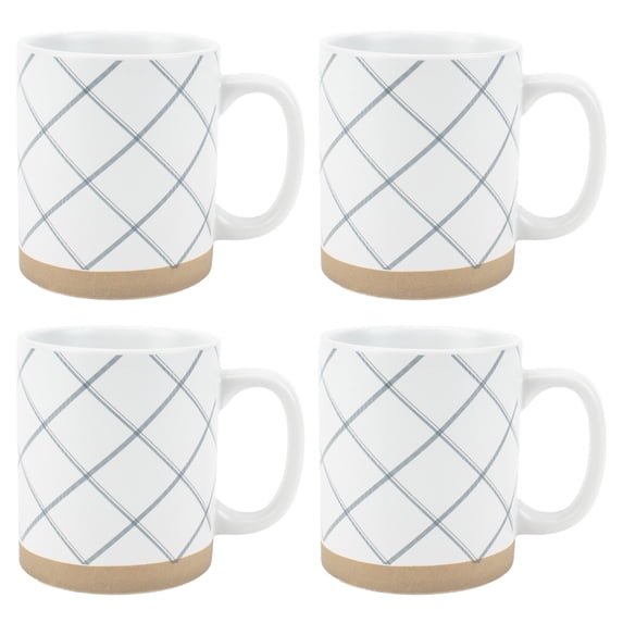 Elanze Designs Modern Plaid Raw Clay Bottom White 13 ounce Ceramic Coffee Mugs Set of 4
