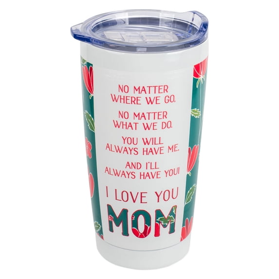 Elanze Designs Mom No Matter Where I Love You 20 Ounce Teal Green and Pink Stainless Steel Thermal Travel Tumbler with Acrylic Lid