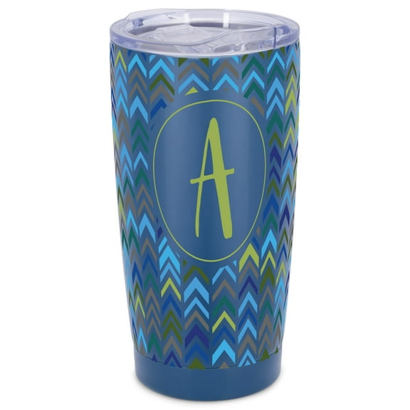 Elanze Designs A Monogram Herringbone Arrows Wrap-Around Design 20 Ounce Stainless Steel On-The-Go Coffee Mug, Thermal Travel Tumbler with Leak Resistant Slide Lid, Navy Blue
