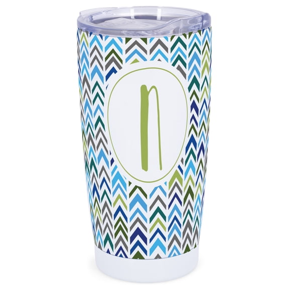 Elanze Designs N Monogram Herringbone Arrows Wrap-Around Design 20 Ounce Stainless Steel On-The-Go Coffee Mug, Thermal Travel Tumbler with Leak Resistant Slide Lid, Crisp White
