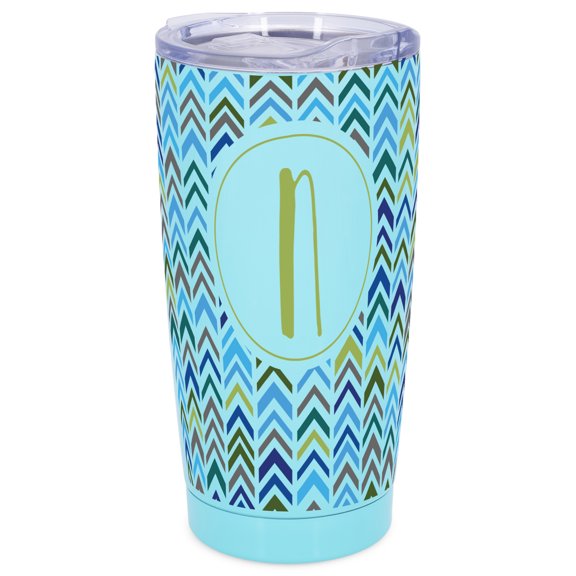 Elanze Designs N Monogram Herringbone Arrows Wrap-Around Design 20 Ounce Stainless Steel On-The-Go Coffee Mug, Thermal Travel Tumbler with Leak Resistant Slide Lid, Sky Blue