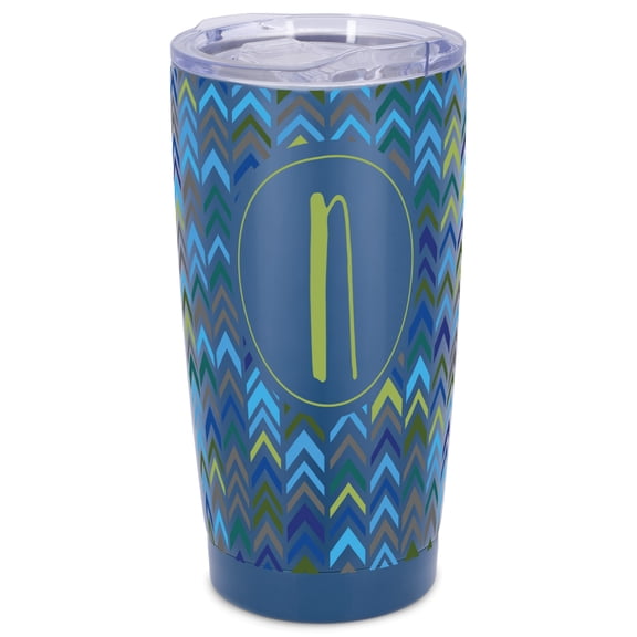 Elanze Designs N Monogram Herringbone Arrows Wrap-Around Design 20 Ounce Stainless Steel On-The-Go Coffee Mug, Thermal Travel Tumbler with Leak Resistant Slide Lid, Navy Blue