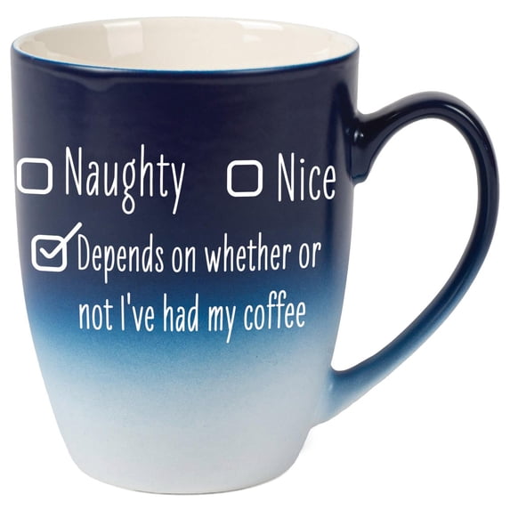 Elanze Designs Naughty Nice Depends On Whether Or Not I'Ve Had My Coffee Two Toned Ombre Matte Navy Blue and White 12 ounce Ceramic Stoneware Coffee Cup Mug