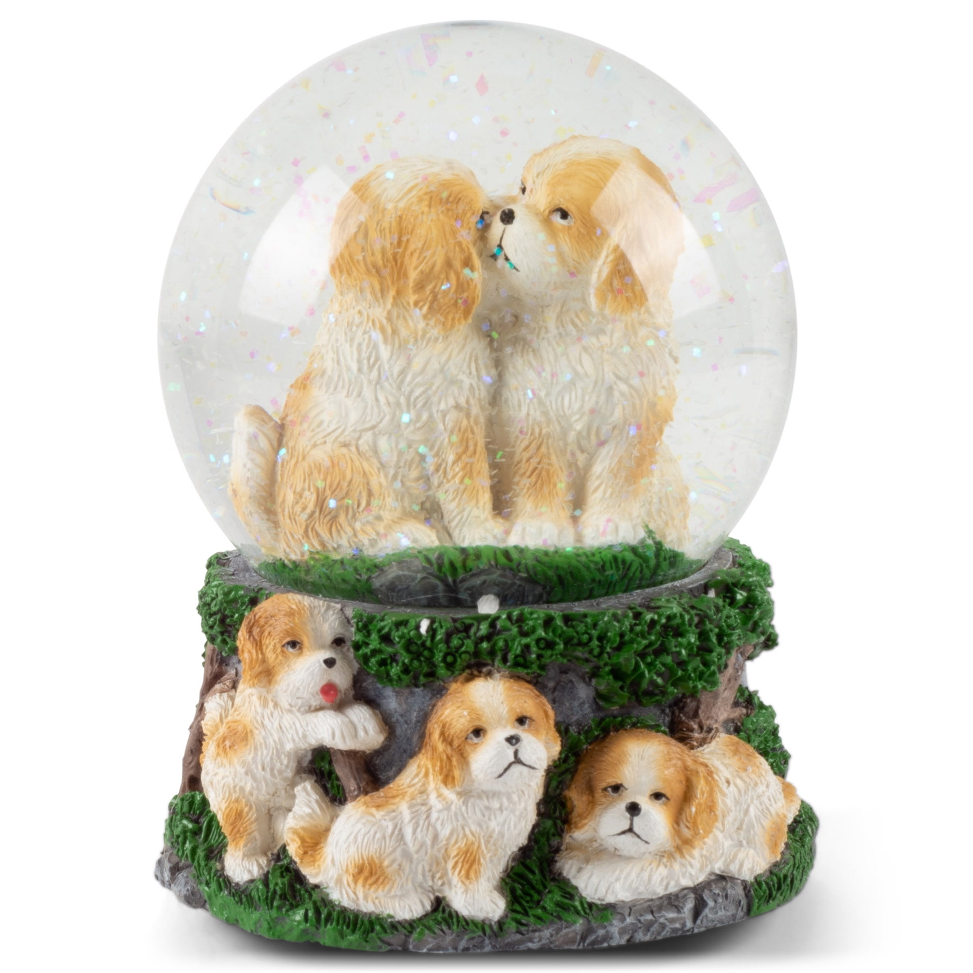 Elanze Designs Playful White Tan Puppies Figurine 100mm Water Globe Plays Tune What a Wonderful World