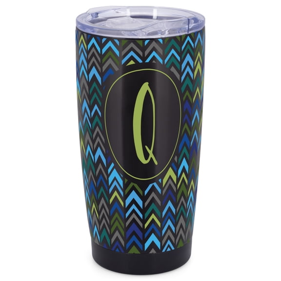 Elanze Designs Q Monogram Herringbone Arrows Wrap-Around Design 20 Ounce Stainless Steel On-The-Go Coffee Mug, Thermal Travel Tumbler with Leak Resistant Slide Lid, Sleek Black