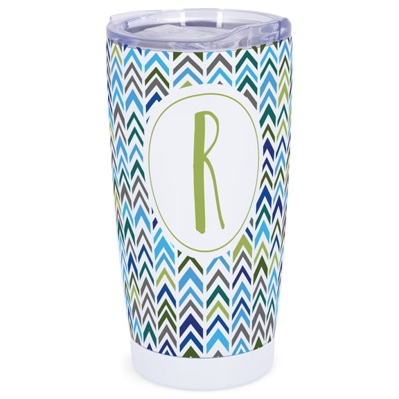Elanze Designs R Monogram Herringbone Arrows Wrap-Around Design 20 Ounce Stainless Steel On-The-Go Coffee Mug, Thermal Travel Tumbler with Leak Resistant Slide Lid, Crisp White