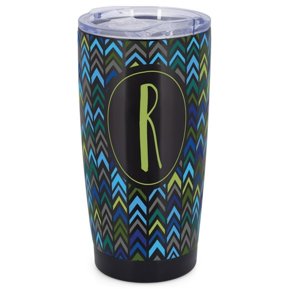 Elanze Designs R Monogram Herringbone Arrows Wrap-Around Design 20 Ounce Stainless Steel On-The-Go Coffee Mug, Thermal Travel Tumbler with Leak Resistant Slide Lid, Sleek Black