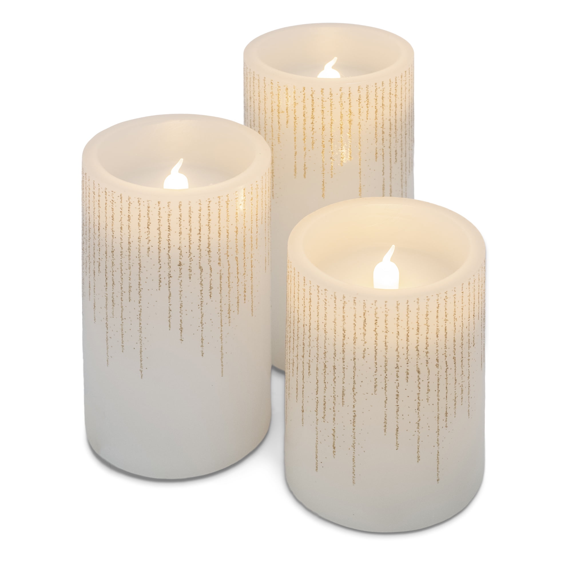Elanze Designs Raindrop Gold Tone Glitter 6 inch Wax Flameless Candles Set of 3