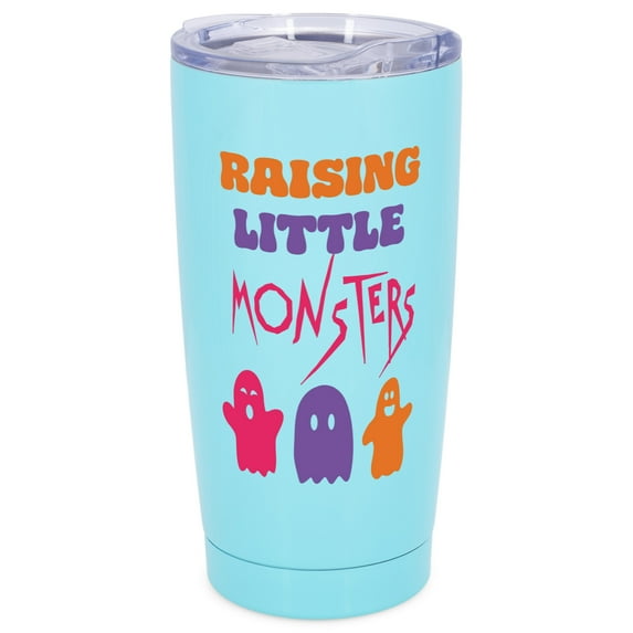 Elanze Designs Raising Little Monsters Ghosts Mom & Dad Halloween Wrap-Around Design 20 Ounce Stainless Steel On-The-Go Coffee Mug, Thermal Travel Tumbler with Leak Resistant Slide Lid, Sky Blue