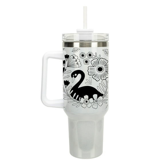 Elanze Designs Regal Swan Bird Flower Garden 40 oz. Stainless Steel, Large Water Bottle Coffee Mug, Spill & Leak Resistant, Thermal Travel Tumbler with Handle, Lid & Straw, White Shimmer