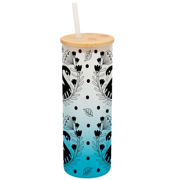 Elanze Designs Regal Swan Bird Flower Garden Wrap-Around Design 25 Ounce Frosted Gradient Glass On-The-Go Coffee Travel Skinny Tumbler Mug Cup, Bamboo Lid and Drinking Straw, Sky Blue