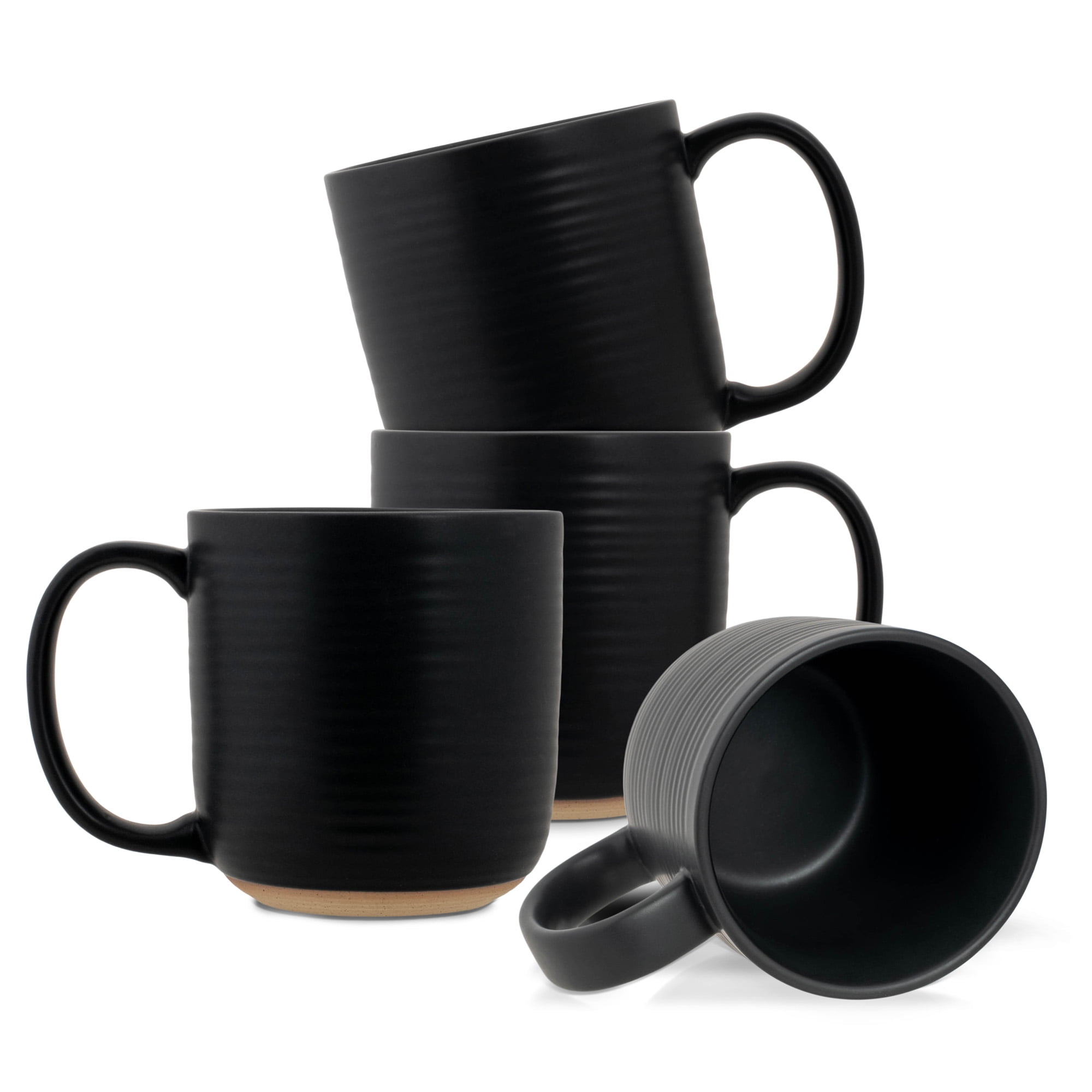Elanze Designs Ribbed Solid Black 13 Ounce Ceramic Coffee Mugs Pack of 4