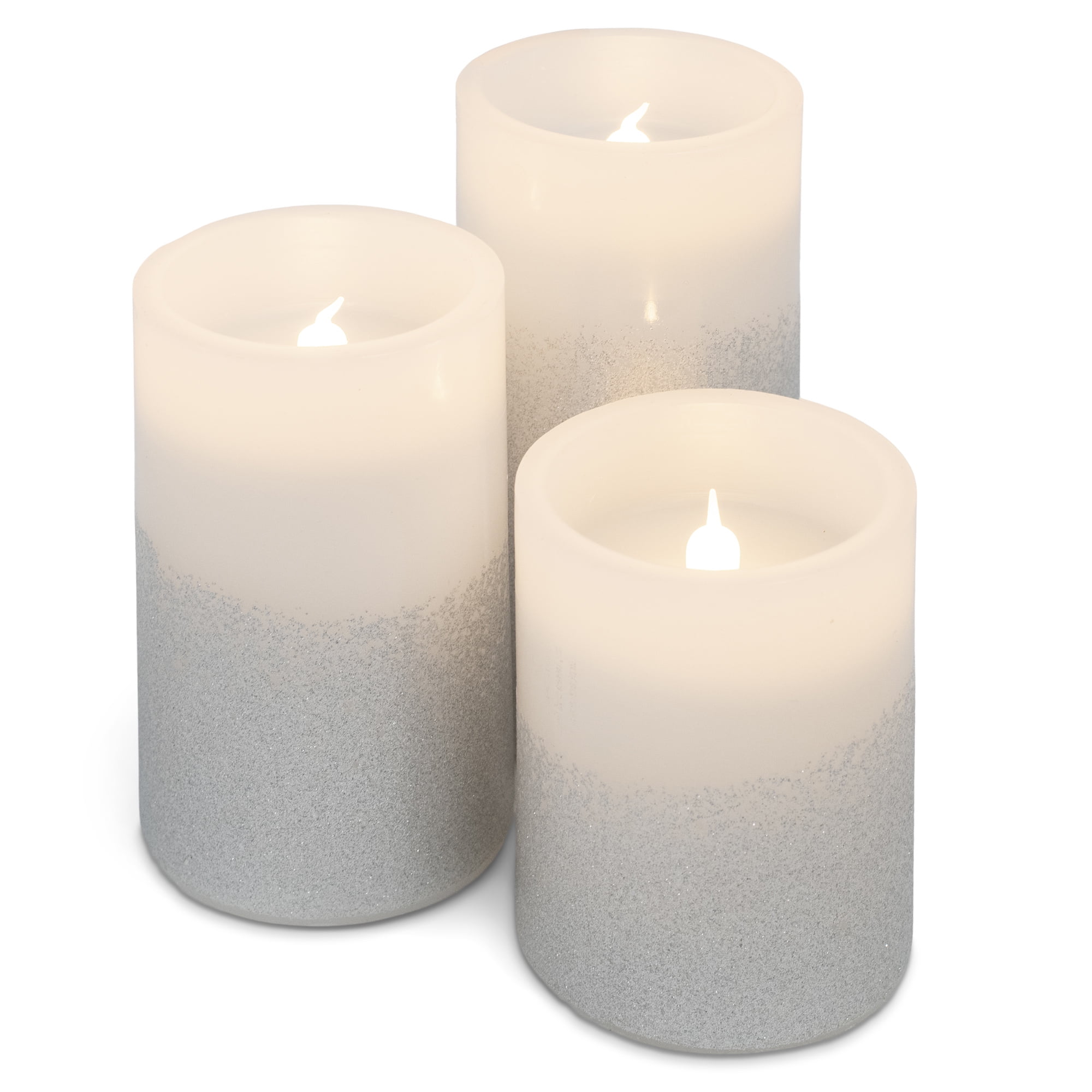 Elanze Designs Silver Tone Glitter 6 inch Wax Flameless Candles Set of 3