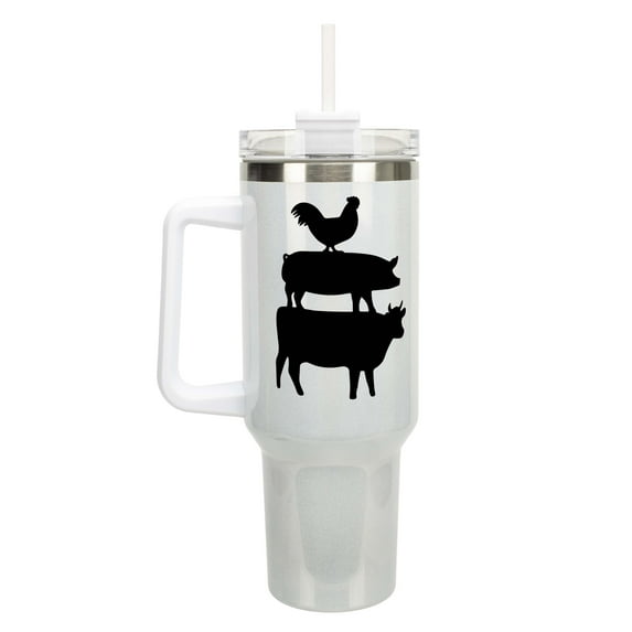 Elanze Designs Stacked Farm Animals Chicken Pig Cow 40 oz. Stainless Steel, Large Water Bottle Coffee Mug, Spill & Leak Resistant, Thermal Travel Tumbler with Handle, Lid & Straw, White Shimmer