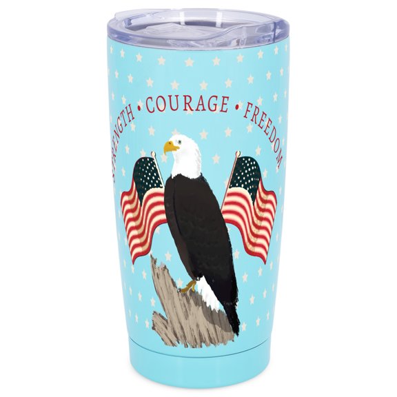 Elanze Designs Strength Courage Freedom Bald Eagle American Flag Wrap-Around Design 20 Ounce Stainless Steel On-The-Go Coffee Mug, Thermal Travel Tumbler with Leak Resistant Slide Lid, Sky Blue