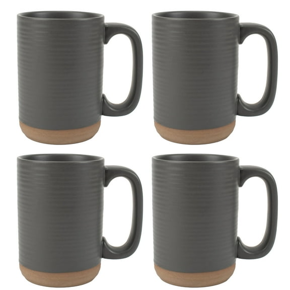 Elanze Designs Tall Ribbed Raw Clay Bottom Grey 16 ounce Ceramic Coffee Mugs Set of 4