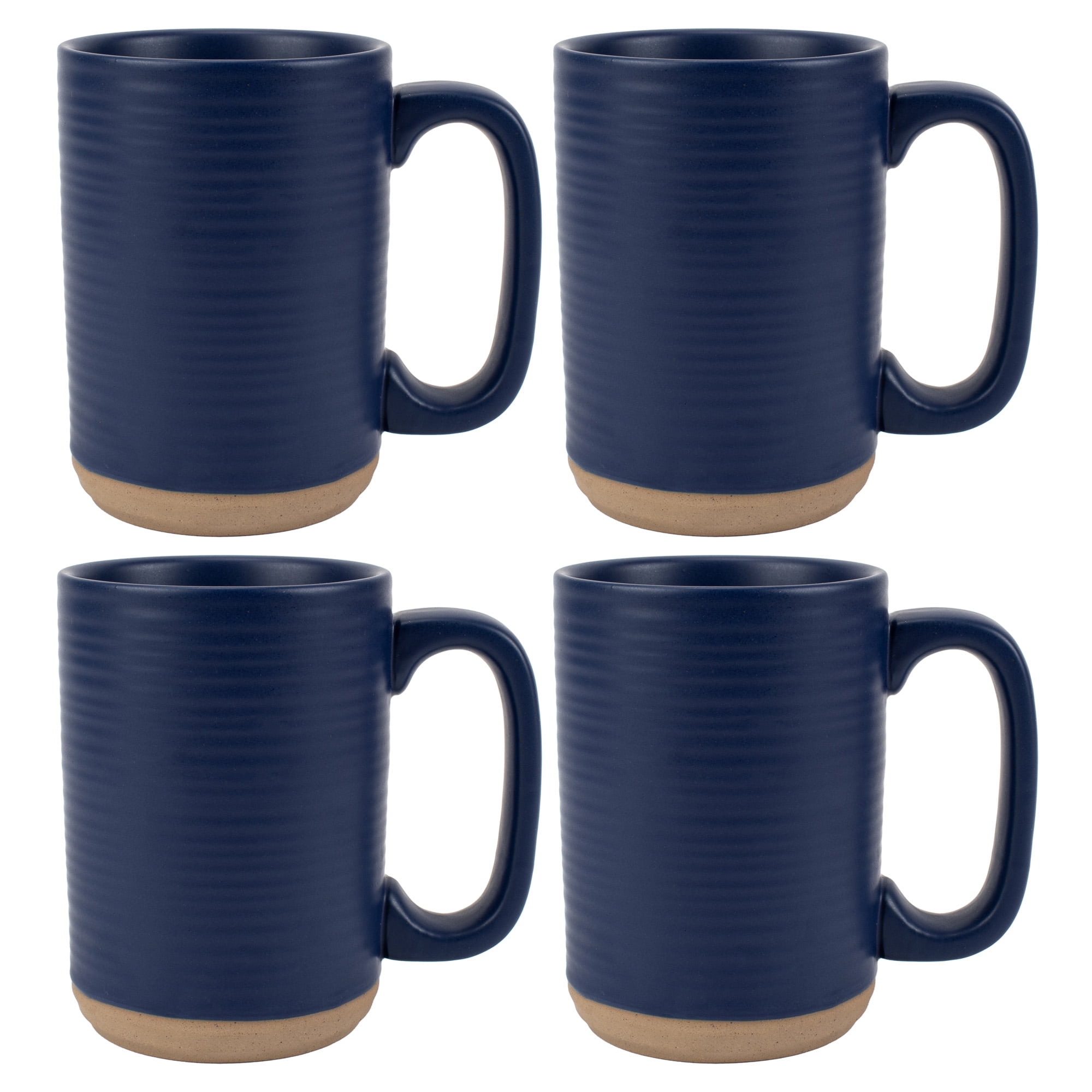 Navy Blue Ceramic Ribbed Coffee Mugs with Raw Clay Bottom, Set of 4